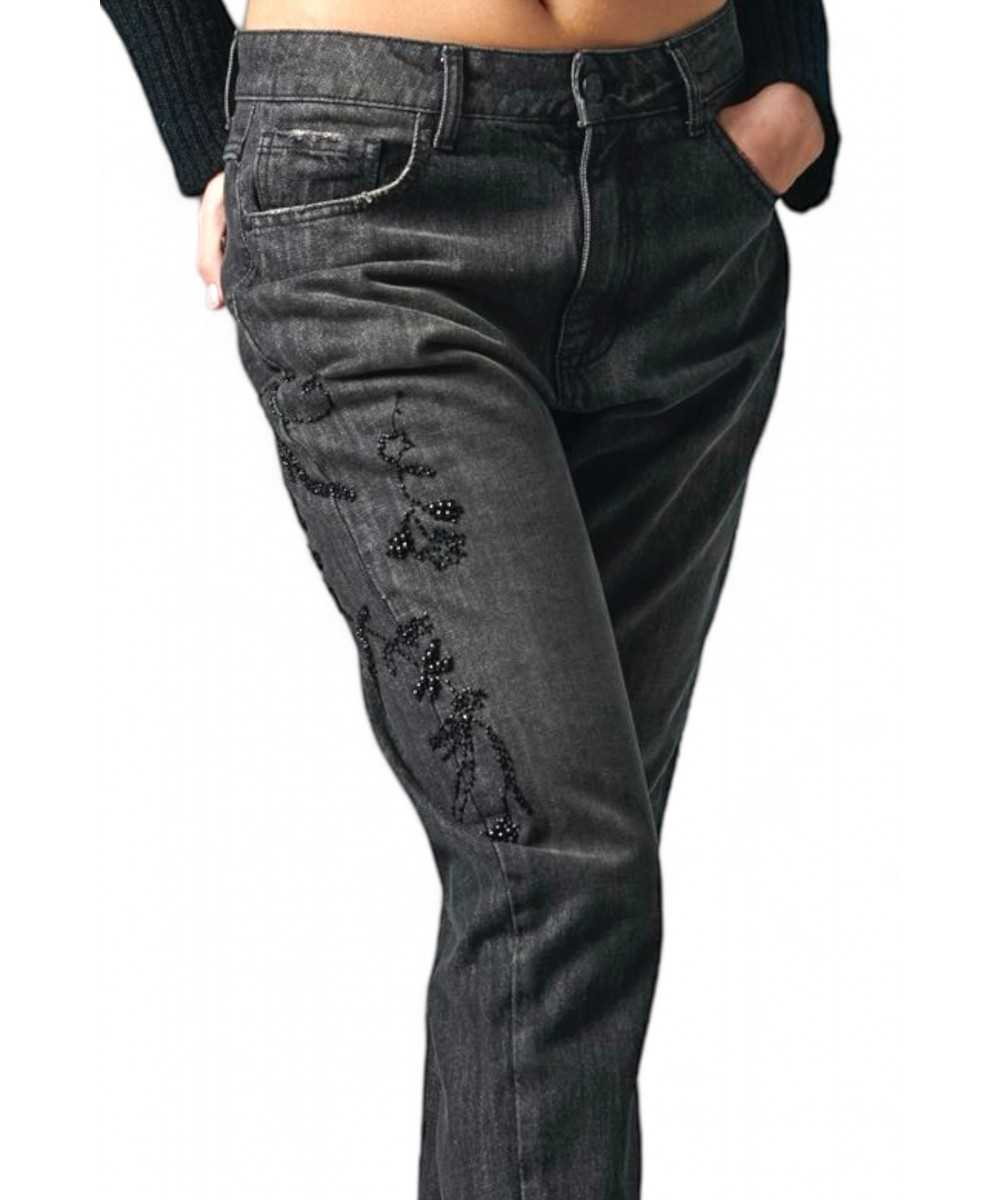 Pantaloni denim black relaxed con ricamo perline laterali