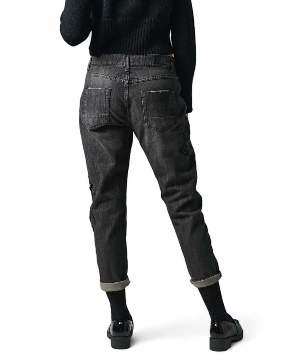 Pantaloni denim black relaxed con ricamo perline laterali