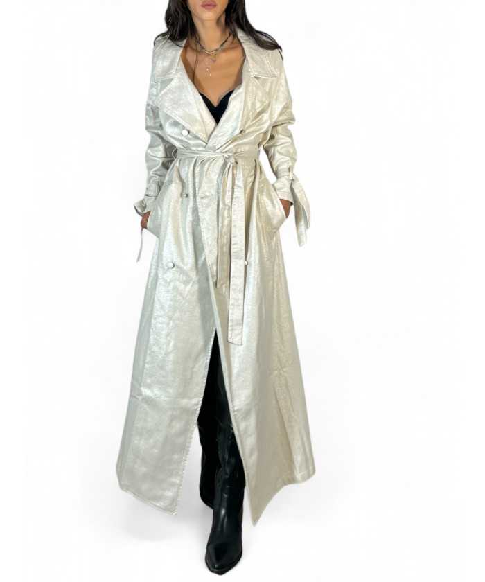 Maxi trench full lenght in metallic denim ecrù