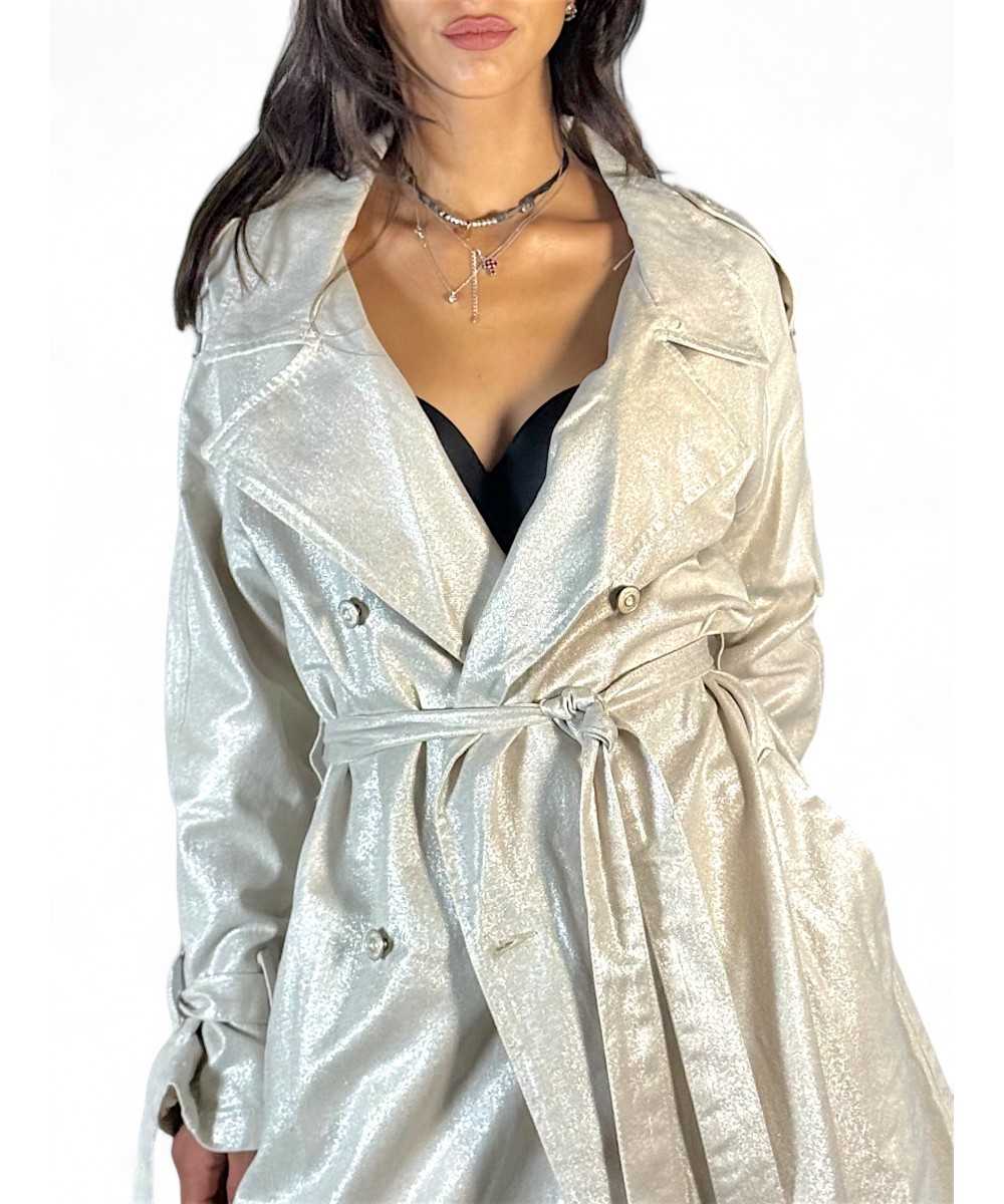 Maxi trench full lenght in metallic denim ecrù