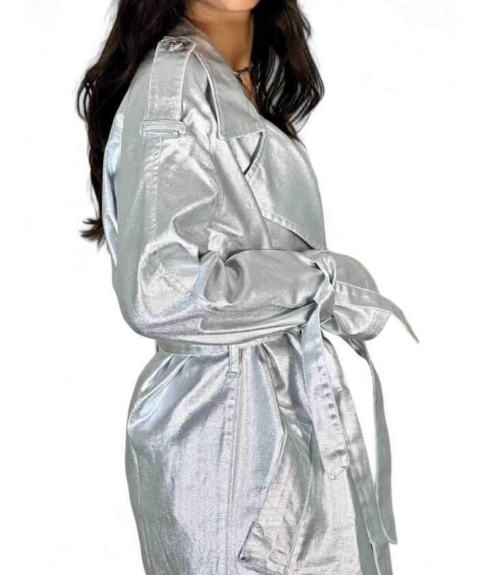 Maxi trench full lenght in metallic denim silver