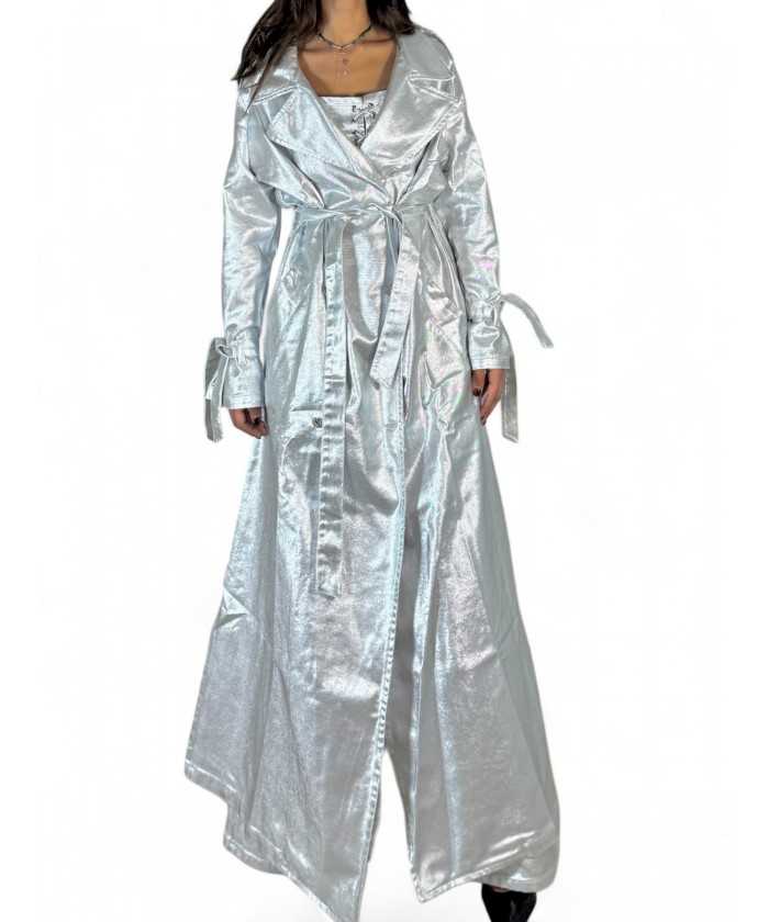 Maxi trench full lenght in metallic denim silver