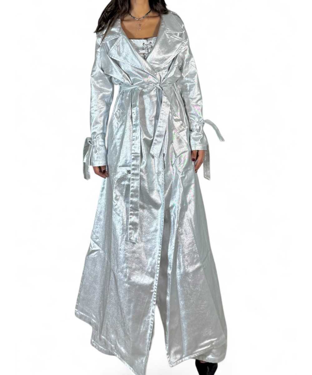 Maxi trench full lenght in metallic denim silver