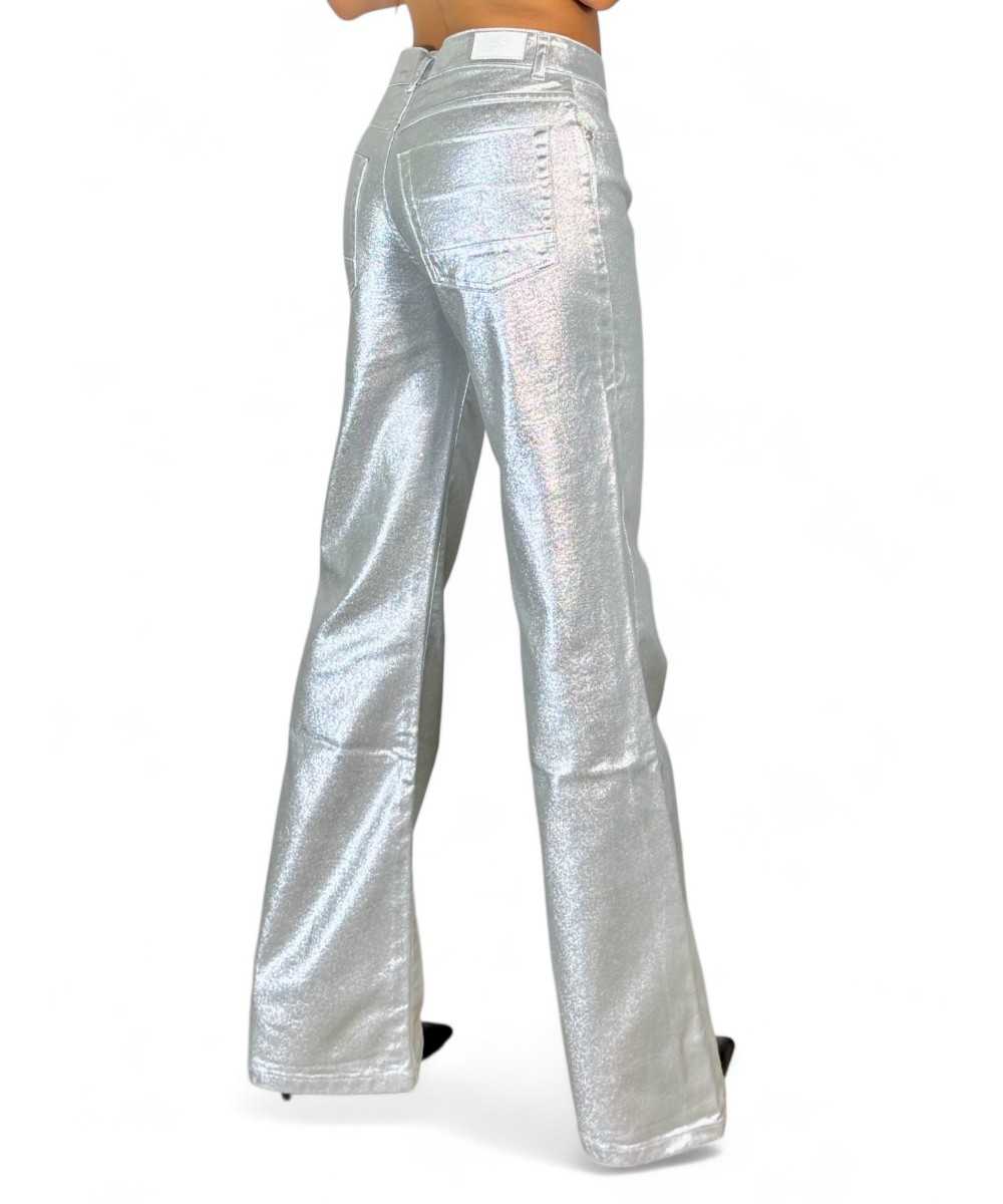 Pantaloni flared a zampa in metallic denim silver