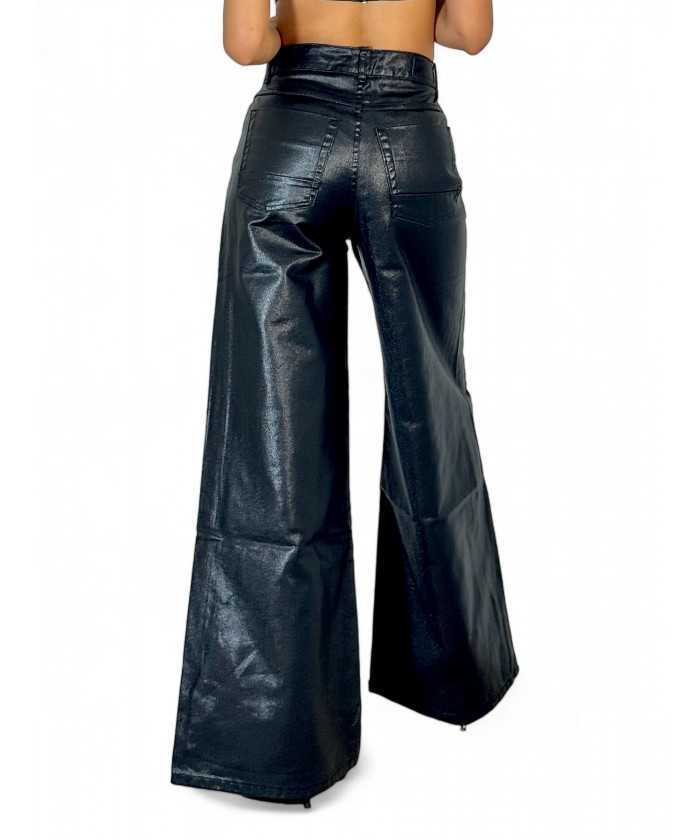 Pantaloni wide leg in metallic denim black