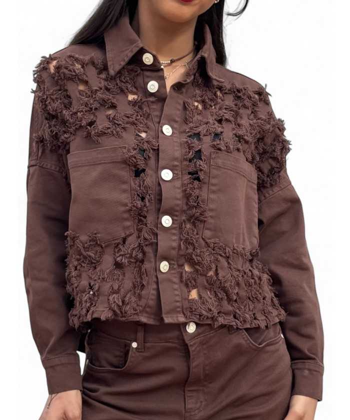 Giacca camicia FRINGE CIOCCOLATO in drill di cotone oversize con rotture laser all over