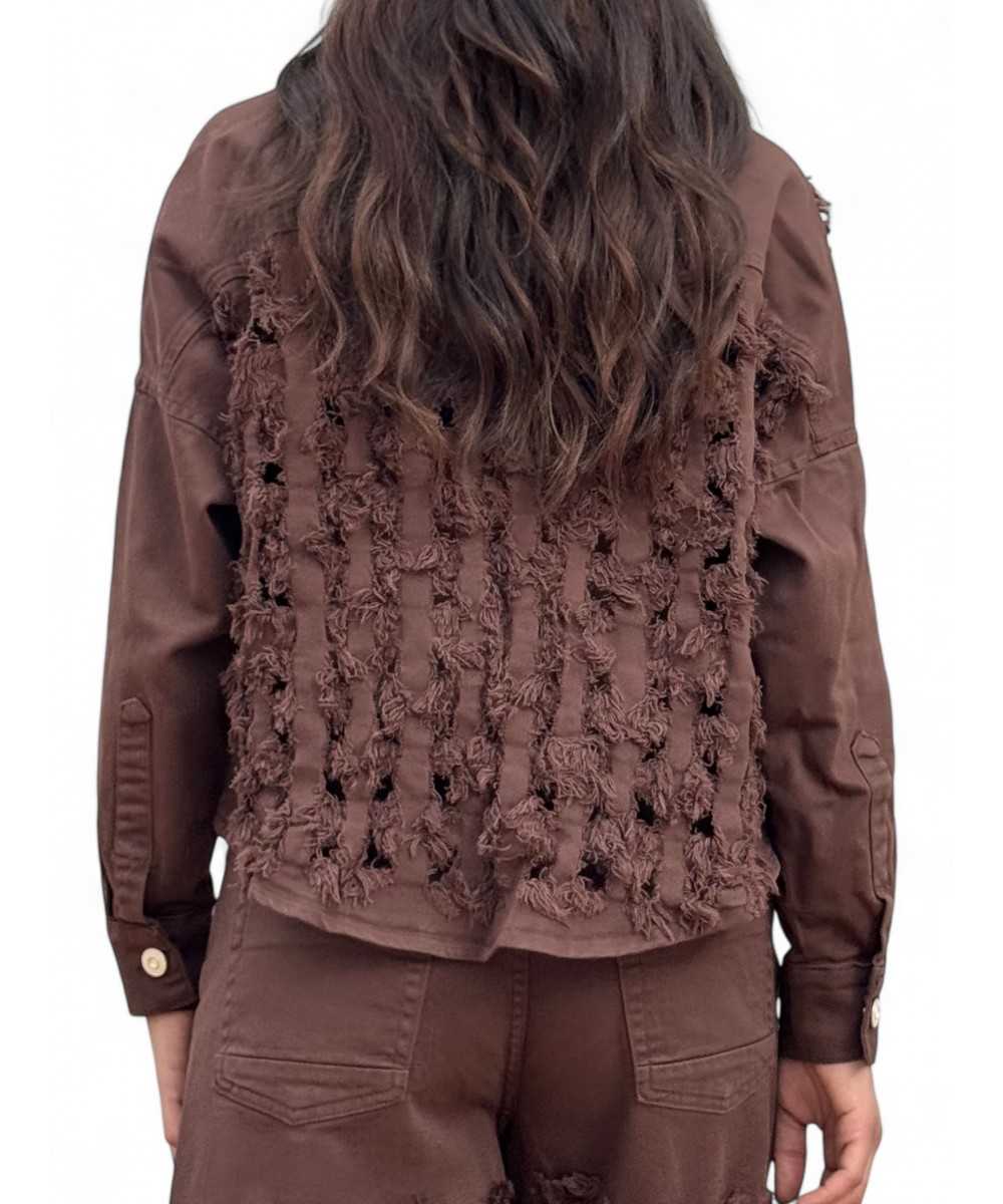 Giacca camicia FRINGE CIOCCOLATO in drill di cotone oversize con rotture laser all over