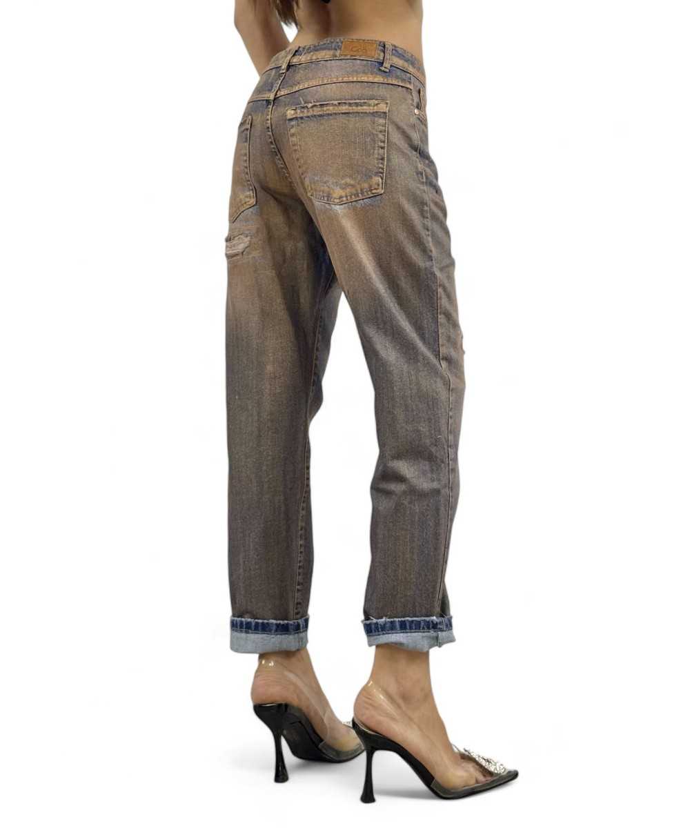 Pantaloni relaxed in denim perlato ruggine