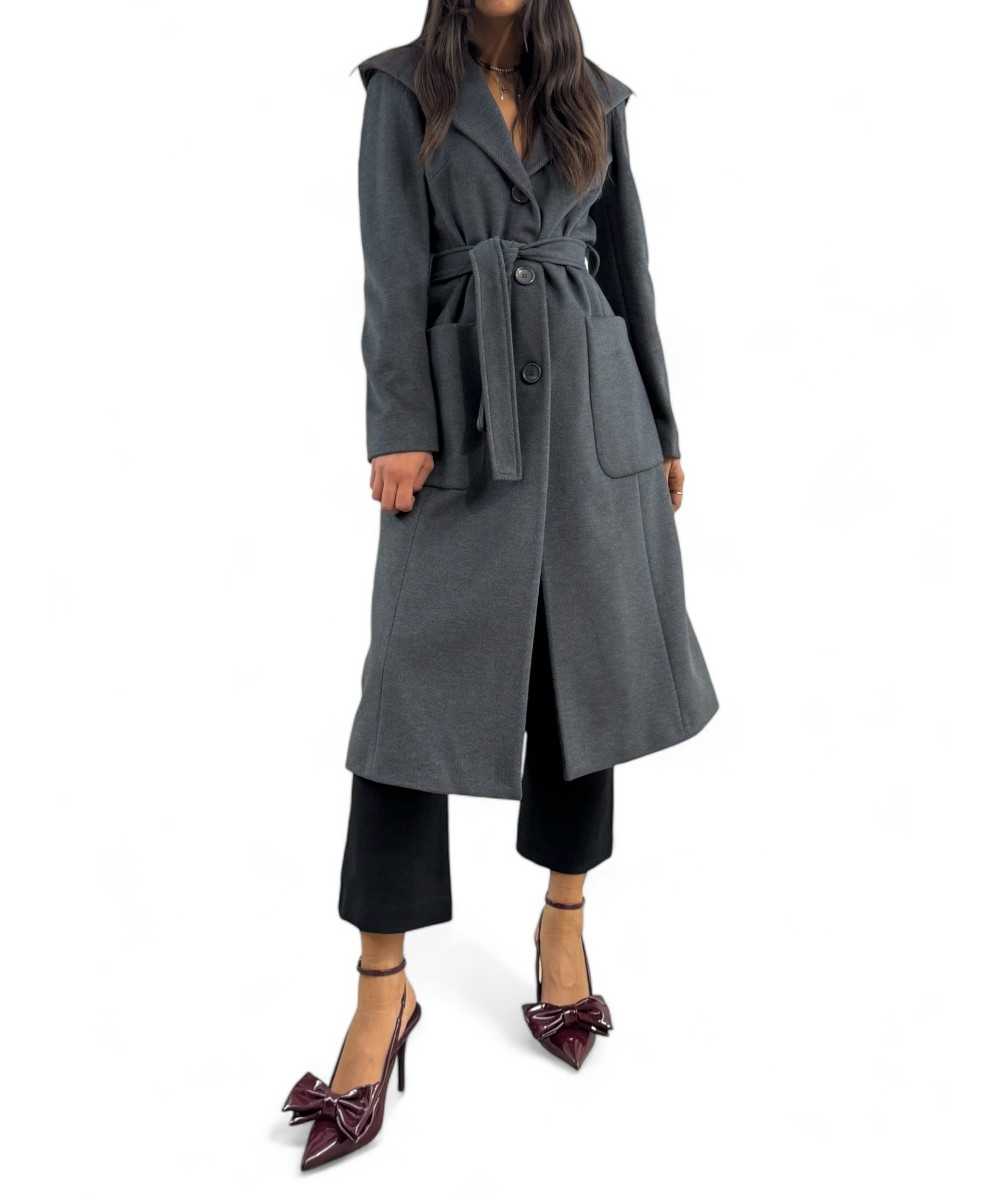 Cappotto lungo dark grey con cappuccio