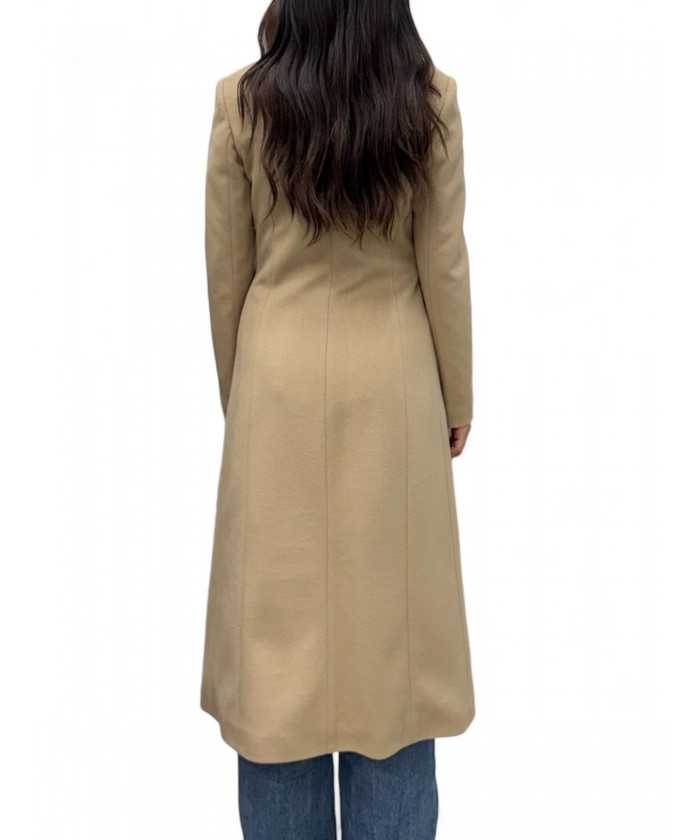 Cappotto camel lungo con spacchi davanti