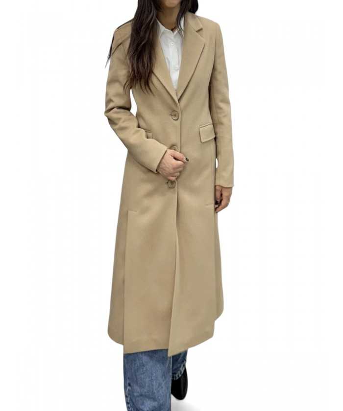 Cappotto camel lungo con spacchi davanti