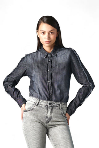 Camicia denim black basic con sfrangiatura