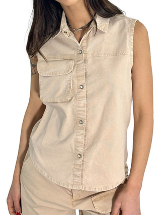 Camicia smanicata cargo in canvas beige