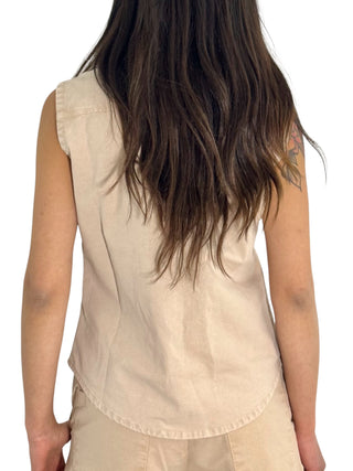 Camicia smanicata cargo in canvas beige