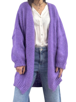 Cardigan-Cappotto viola in maglia in misto mohair garzato