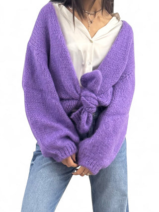 Cardigan-Cappotto viola in maglia in misto mohair garzato