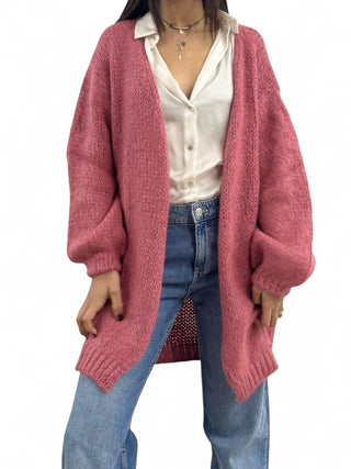 Cardigan-Cappotto winter pink in maglia in misto mohair garzato