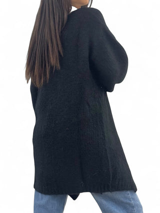 Cardigan-Cappotto nero in maglia in misto mohair garzato