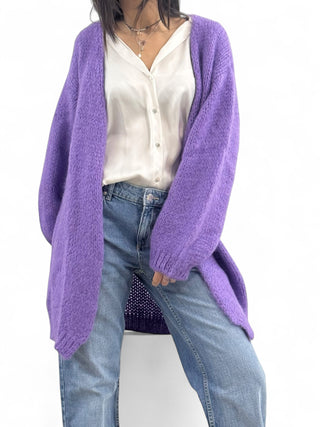 Cardigan-Cappotto viola in maglia in misto mohair garzato