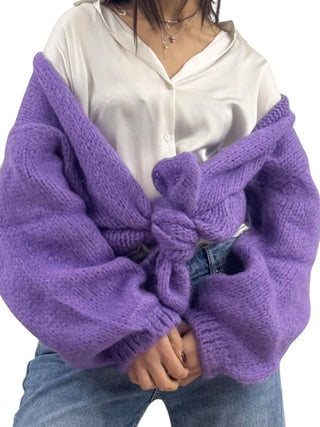 Cardigan-Cappotto viola in maglia in misto mohair garzato