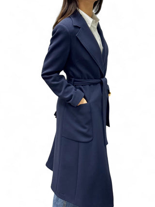 Cappotto lungo blu navy con fusciacca in tessuto tecnico