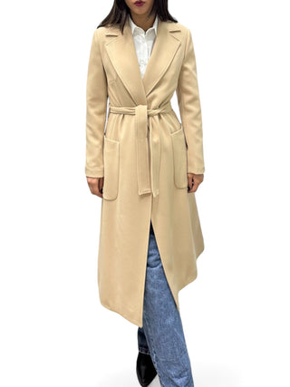 Cappotto lungo beige con fusciacca in tessuto tecnico