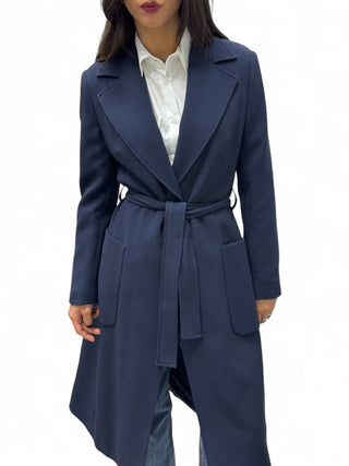 Cappotto lungo blu navy con fusciacca in tessuto tecnico