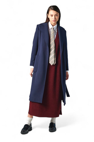 Cappotto lungo blu navy con fusciacca in tessuto tecnico