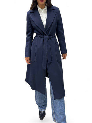 Cappotto lungo blu navy con fusciacca in tessuto tecnico