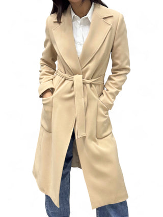 Cappotto lungo beige con fusciacca in tessuto tecnico