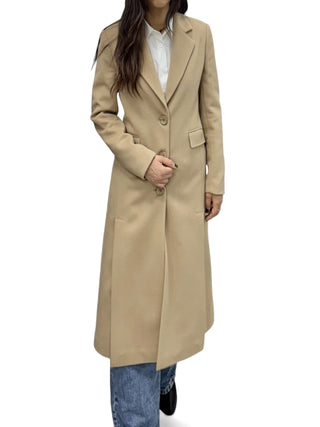 Cappotto camel lungo con spacchi davanti