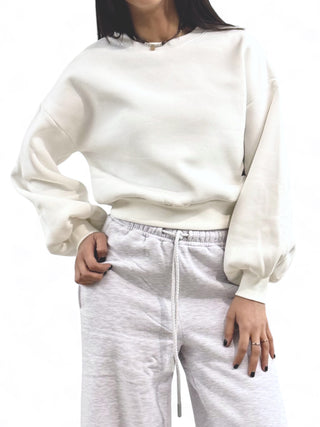 Felpa polycotton bianca cropped con maniche a sbuffo