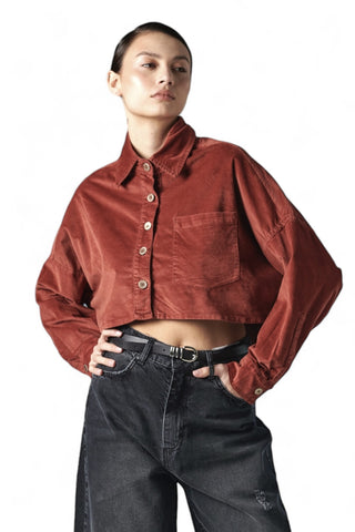 Giacca camicia cropped in velluto liscio misto modal color sienna