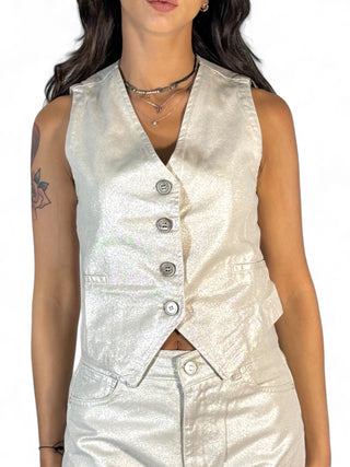 Gilet basic in metallic denim ecrù