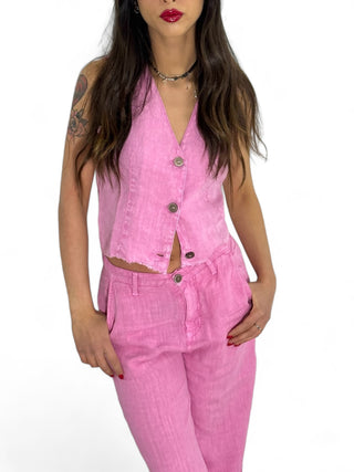 Gilet basic in puro lino rosa