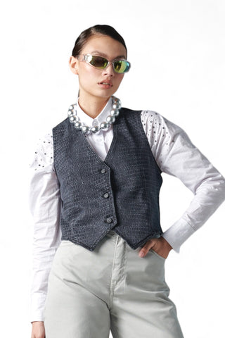 Gilet in denim black stretch con stampa laser crocodile