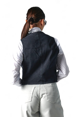 Gilet in denim black stretch con stampa laser crocodile