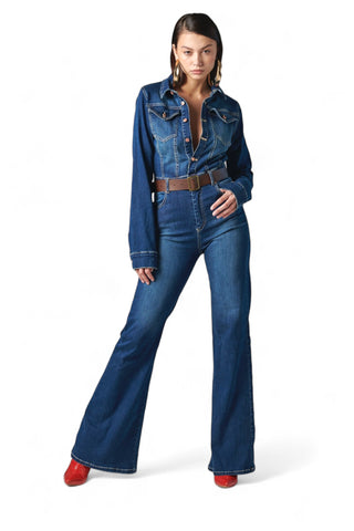 Jumpsuit flared in denim stretch con cintura