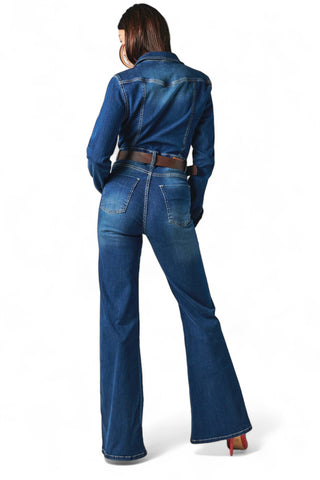 Jumpsuit flared in denim stretch con cintura