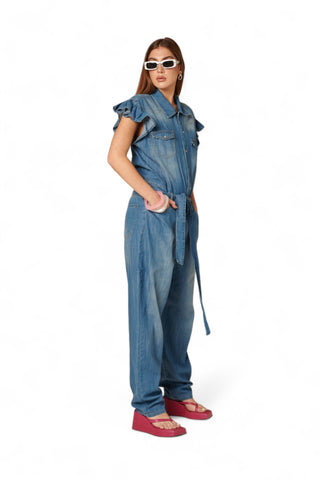 Jumpsuit in denim chambray relaxed fit con rouches maniche