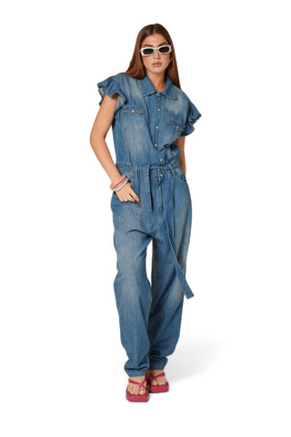 Jumpsuit in denim chambray relaxed fit con rouches maniche