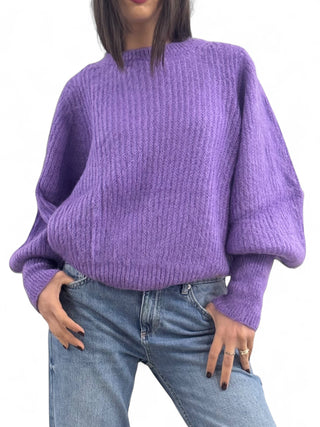 Maglione viola con manica a sbuffo in misto mohair garzato