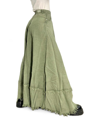 Maxi gonnellone in lino militare con balza frangia