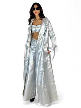 Maxi trench full lenght in metallic denim silver