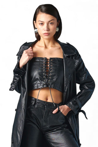 Maxi trench full lenght in metallic denim black