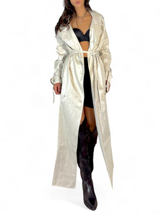 Maxi trench full lenght in metallic denim ecrù