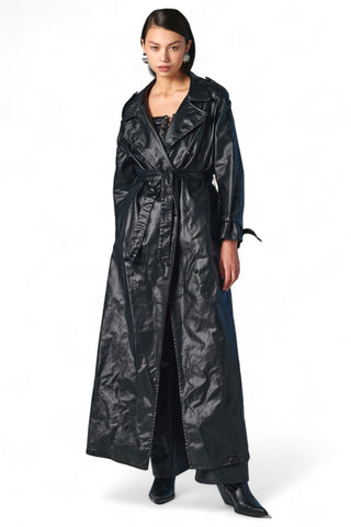 Maxi trench full lenght in metallic denim black