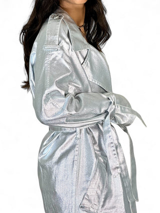 Maxi trench full lenght in metallic denim silver