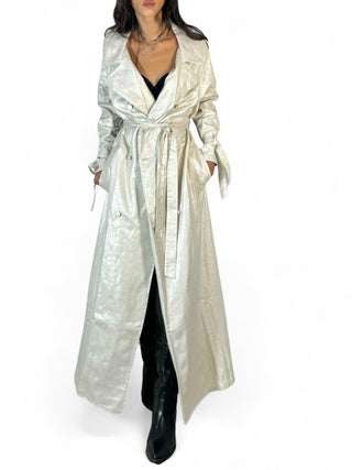 Maxi trench full lenght in metallic denim ecrù