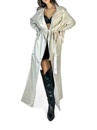 Maxi trench full lenght in metallic denim ecrù